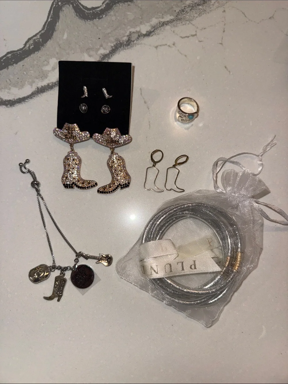 Plunder Silver Glitter Bangle Set - Silver Cowboy Style costume jewelry